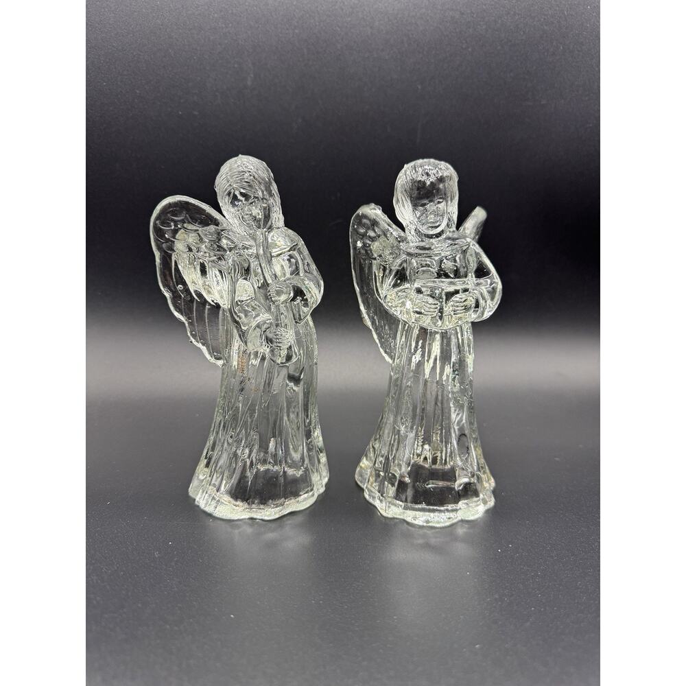 2 Vintage Glass Angels Choir with Song Book and Horn Candle Holders Clear 6”